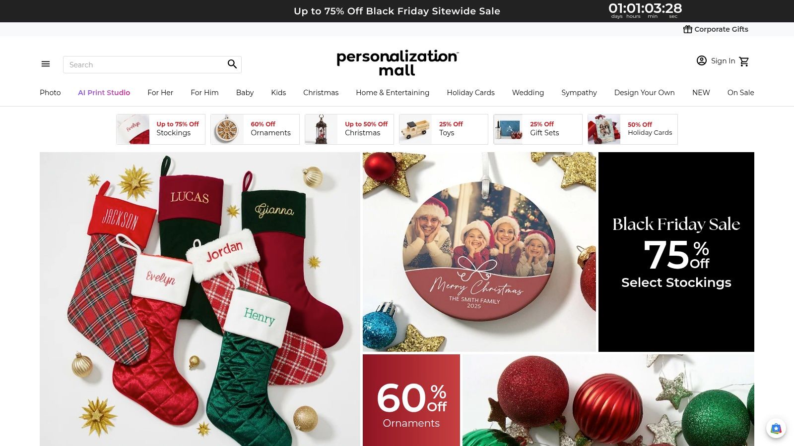 A screenshot of the Personalization Mall website homepage, displaying various categories for personalized gifts and highlighting a sale event.