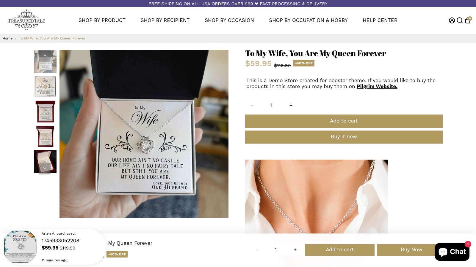 A Love Knot necklace with a personalized message card for a wife