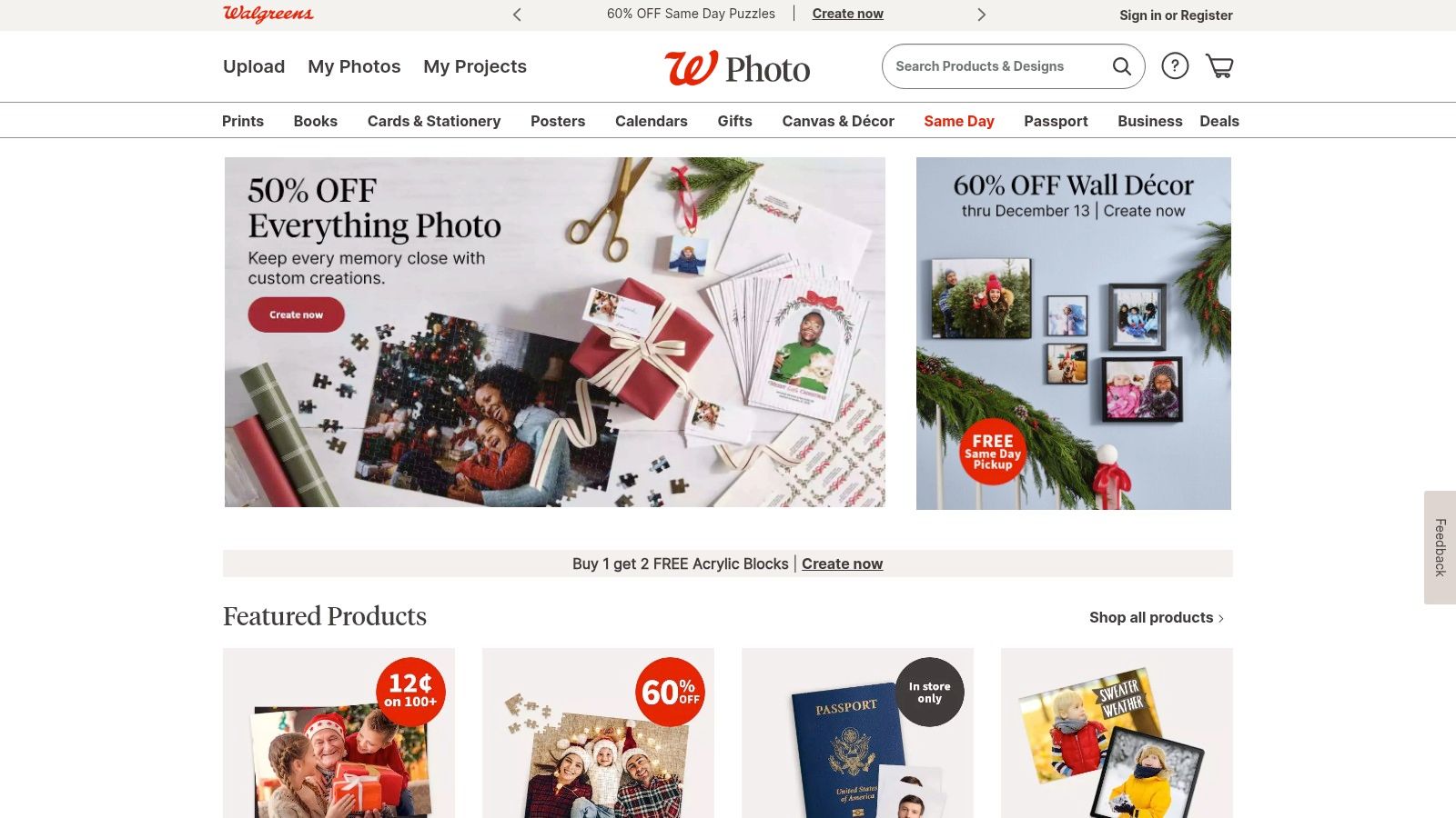 A collage of photo gift options available at Walgreens Photo, including mugs, canvases, and photo books.