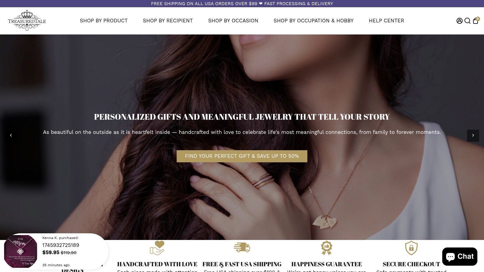 A collection of personalized photo jewelry gifts from TreasuredTale, including necklaces and keychains, designed for sons.