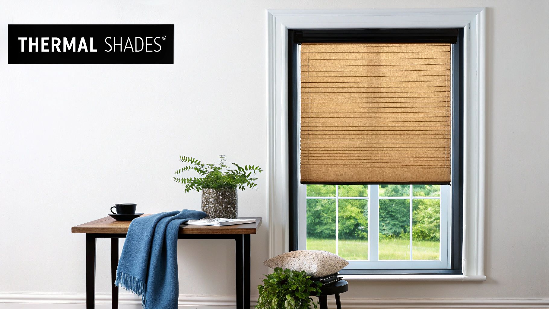 A window featuring a light brown pleated thermal shade, with a plant and decor on a nearby table.