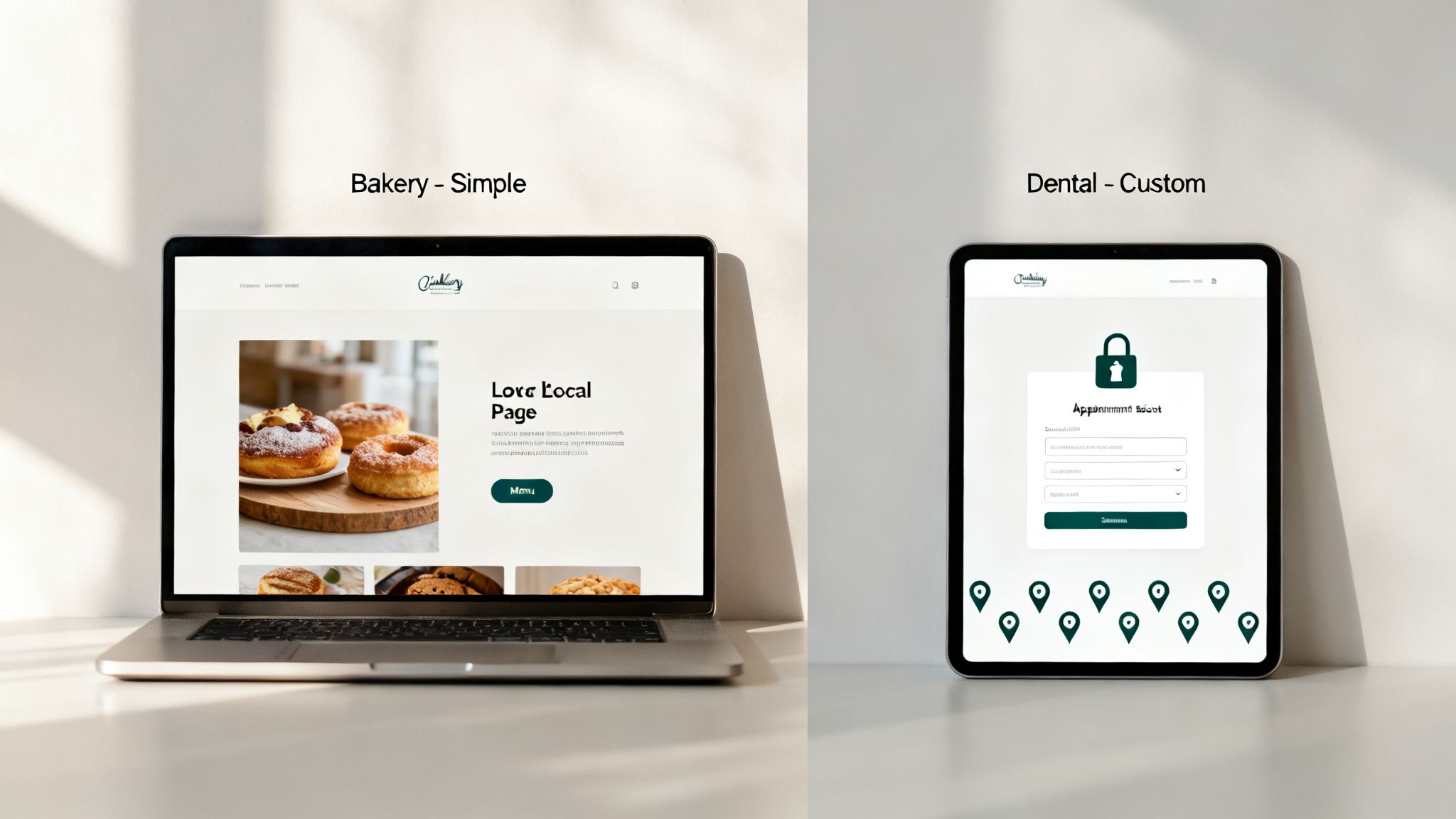 A laptop displays a simple bakery website with donuts, next to a tablet showing a custom dental appointment page.
