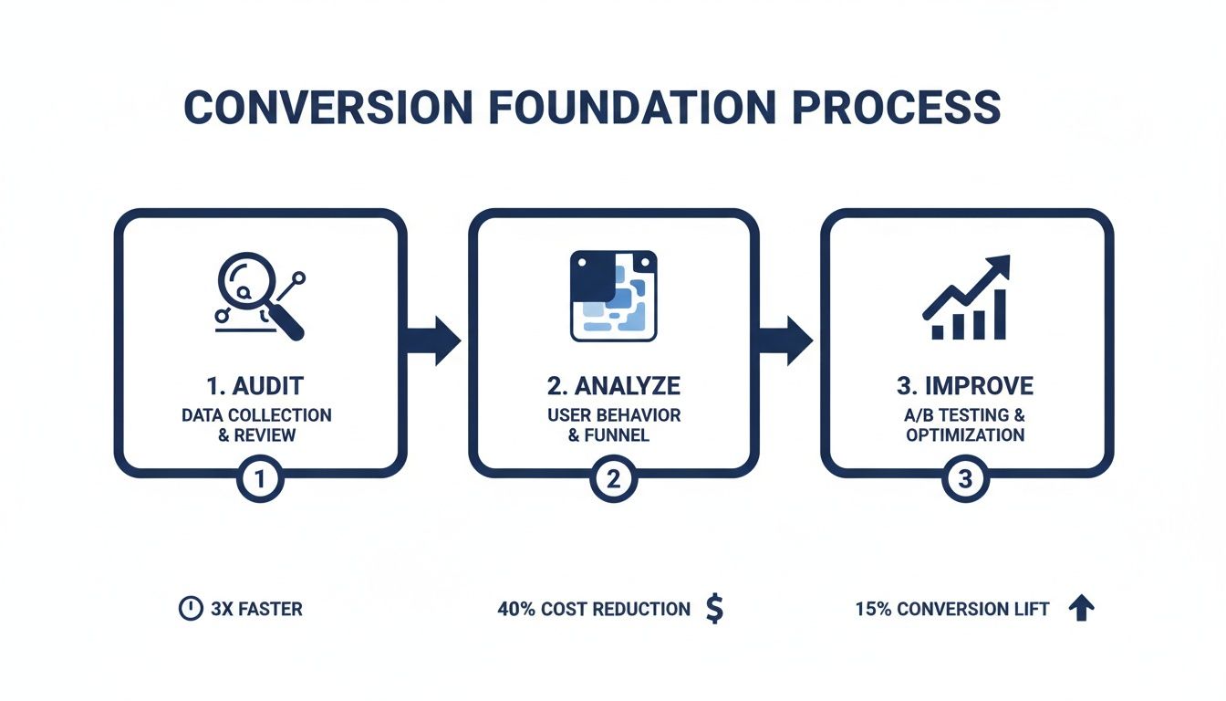 A diagram outlining a 3-step conversion foundation process: Audit, Analyze, and Improve for business growth.