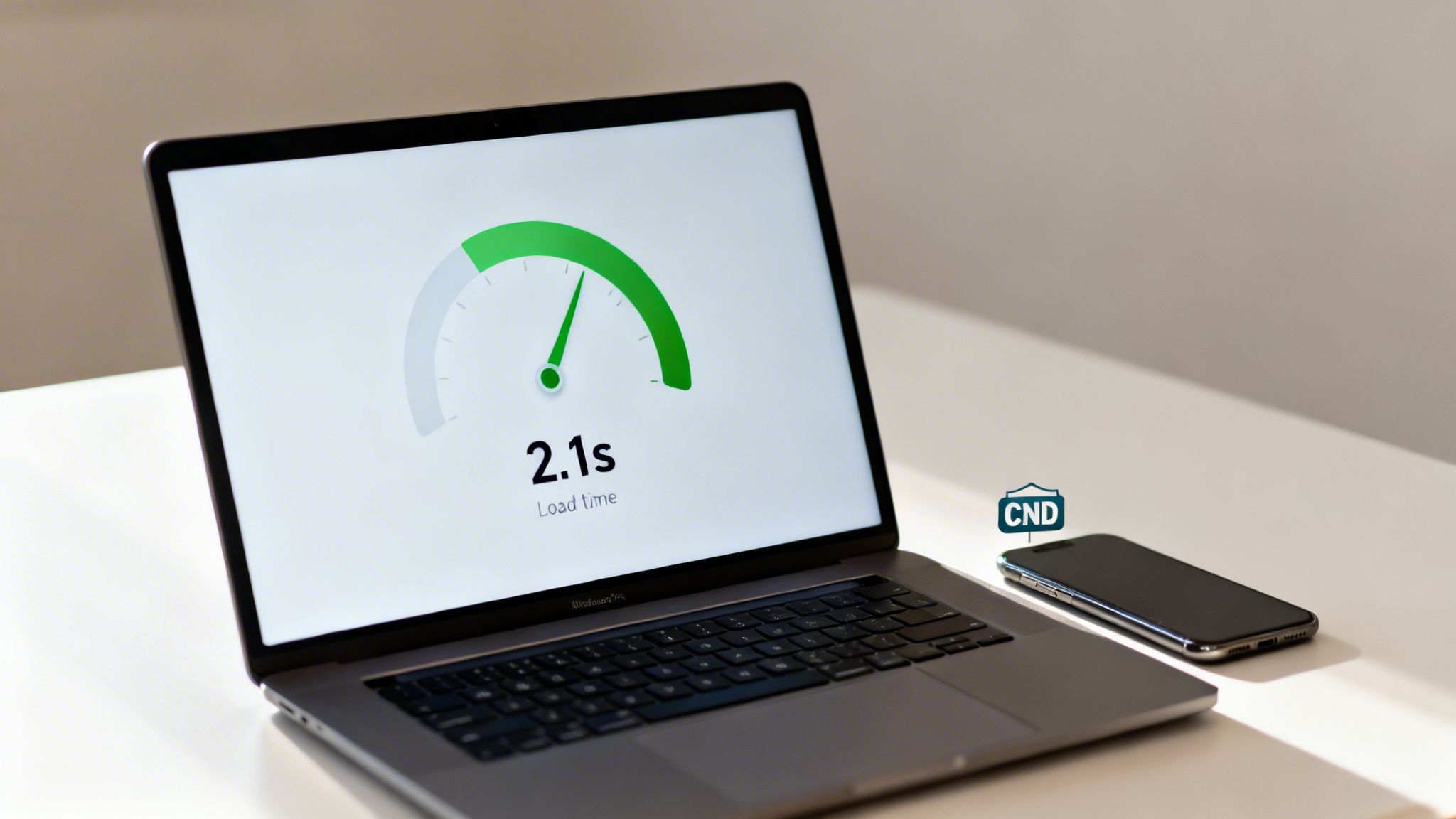 Laptop displaying a fast 2.1s website load time with a speed gauge, beside a smartphone.