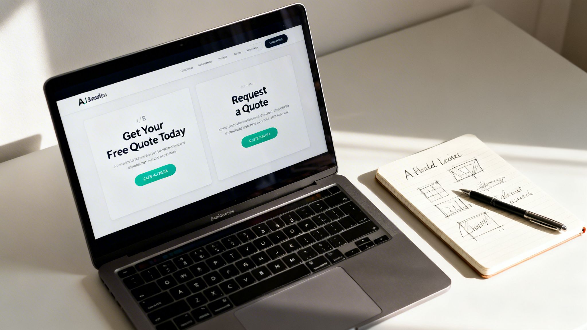 Laptop displaying a website with quote forms, next to a notebook with sketches and a pen.