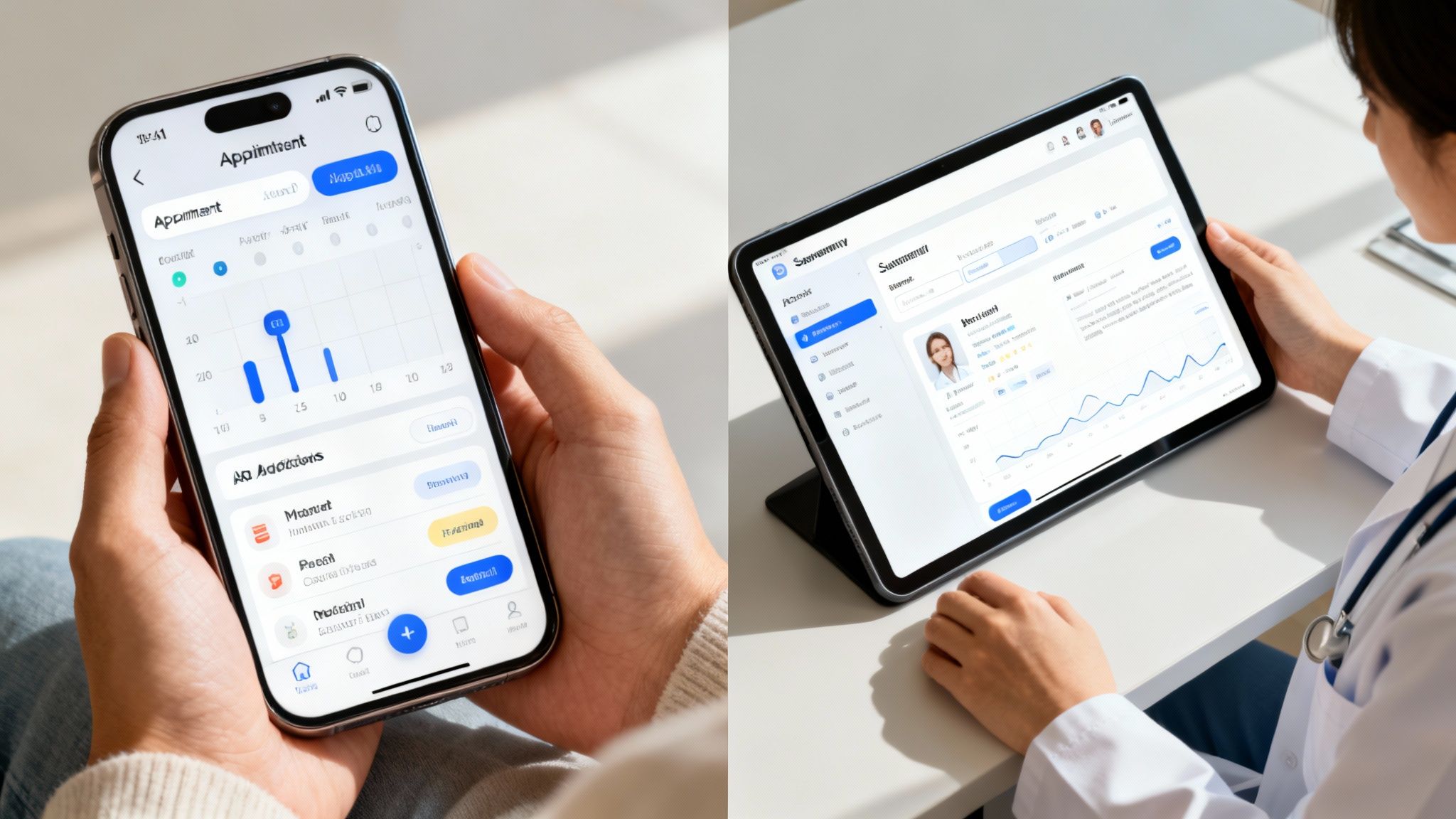 Hands holding a mobile app for appointments and a doctor viewing patient records on a tablet.
