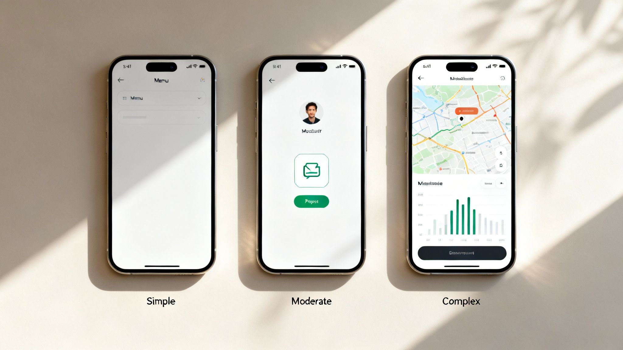 Three smartphone screens showcasing simple, moderate, and complex mobile app user interfaces.