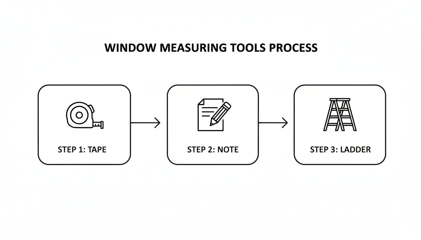 A simple infographic outlining three steps for window measuring: tape, note-taking, and a ladder.