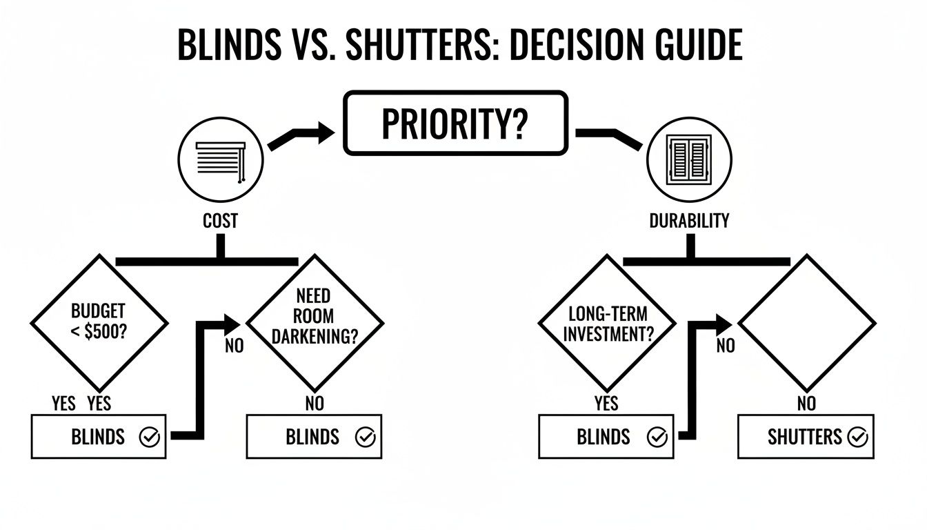 This flowchart guides choosing between blinds and shutters based on cost, budget, room darkening, durability, and investment.