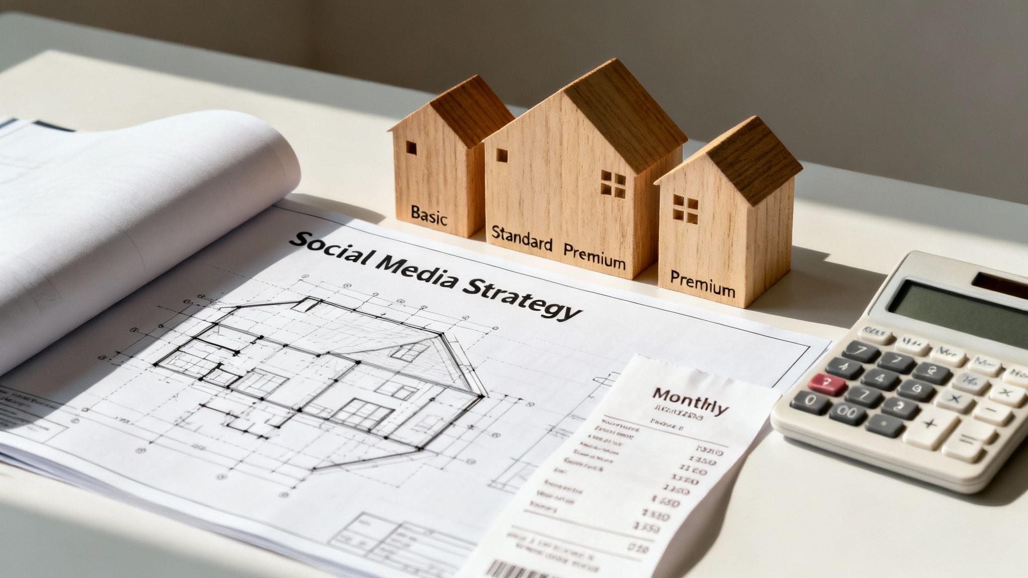 Desk with social media strategy document, house blueprints, wooden house models, monthly bill, and calculator for financial planning.