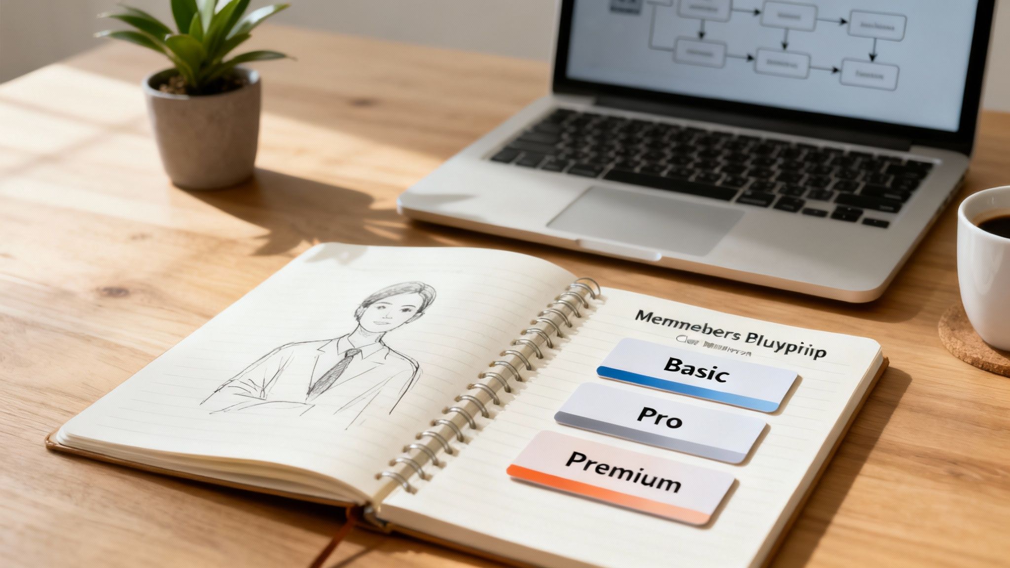 Workspace with laptop, coffee, and notebook displaying membership levels: Basic, Pro, Premium.