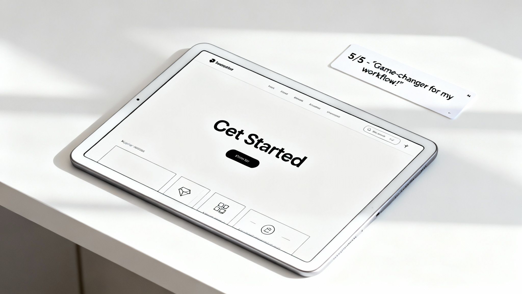 A white tablet on a clean desk displaying a 'Get Started' screen of a productivity app, with a positive review note nearby.