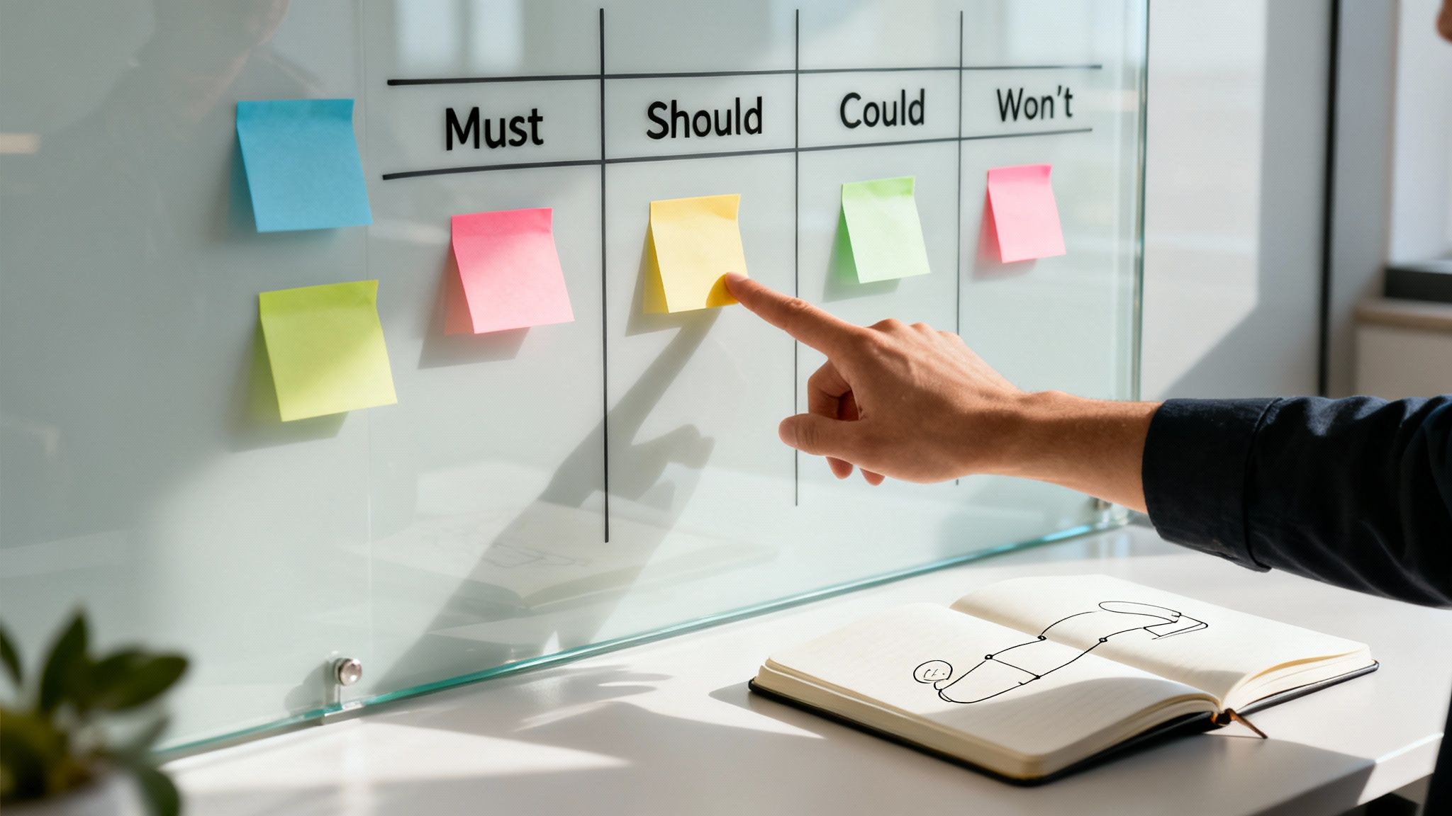 Hand points at a yellow sticky note on a 'Must Should Could Won't' prioritization whiteboard.