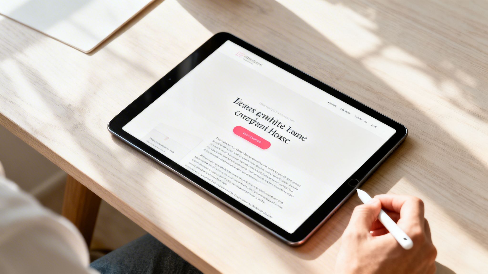 A hand using a stylus on a tablet displaying a website about a house, on a wooden desk.