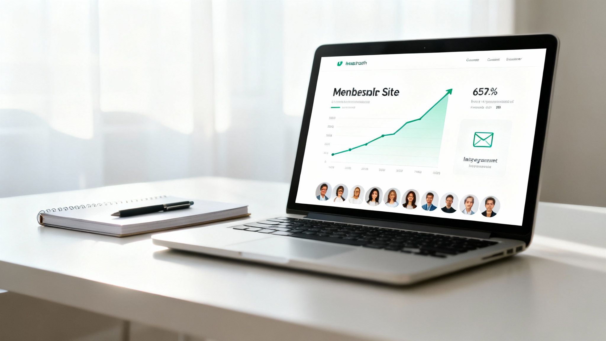 A laptop on a clean desk displays a website dashboard with a green growth graph and user avatars.