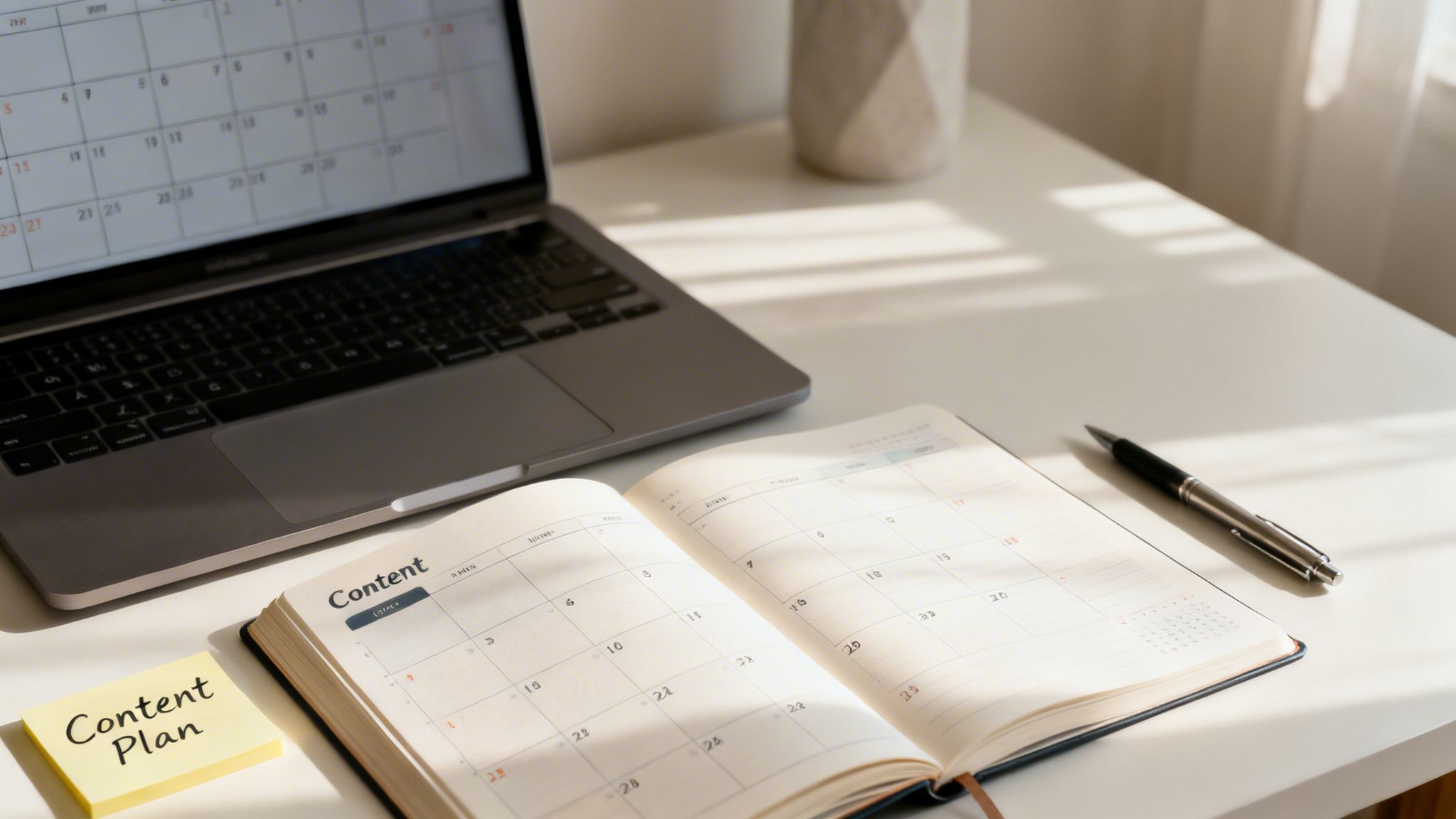 A bright desk setup featuring a laptop with a calendar, an open content planner, and a 'Content Plan' sticky note.