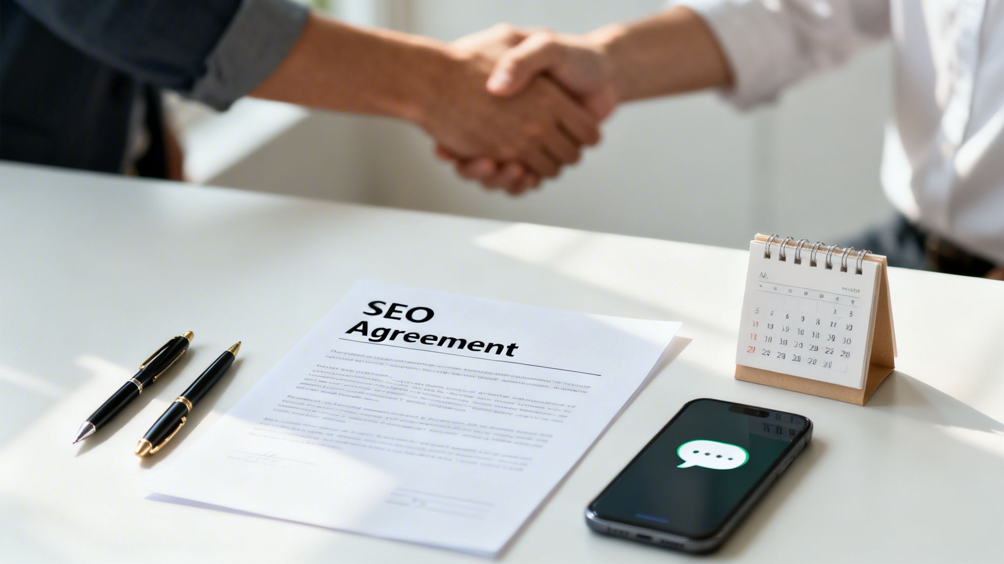 Two people shaking hands over an 'SEO Agreement' document on a table with pens and a calendar.