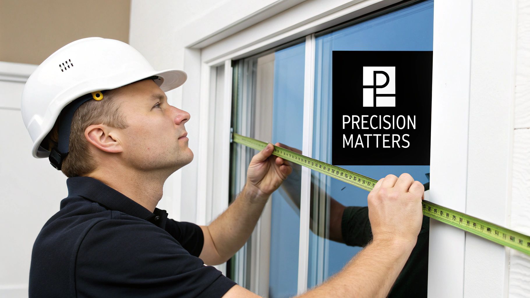 A man in a white hard hat measures a window frame with a green measuring tape.
