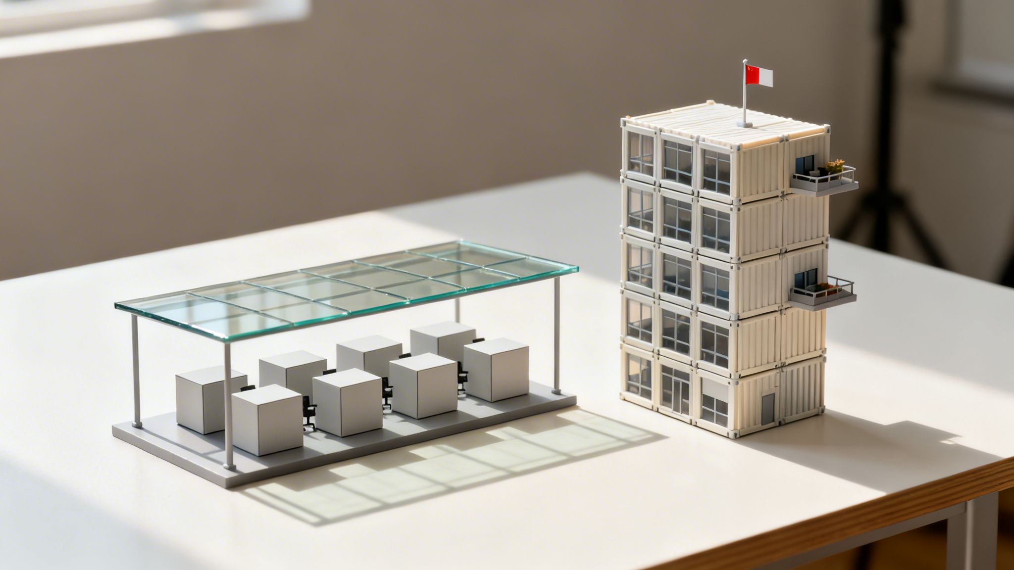 Miniature models of a modular office and a stacked container building on a white table.