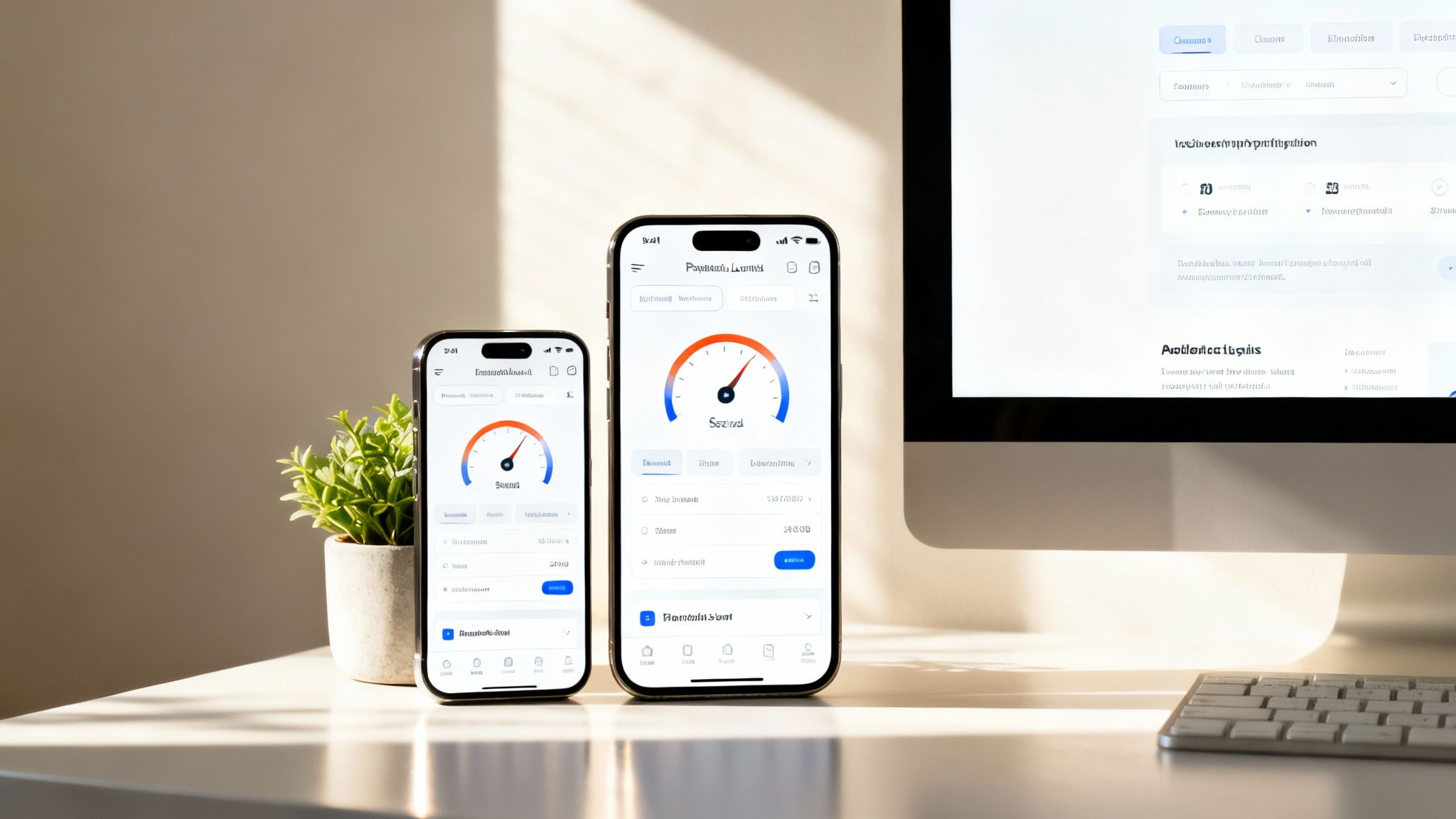 Two smartphones and a computer monitor display a performance dashboard with data gauges on a desk.