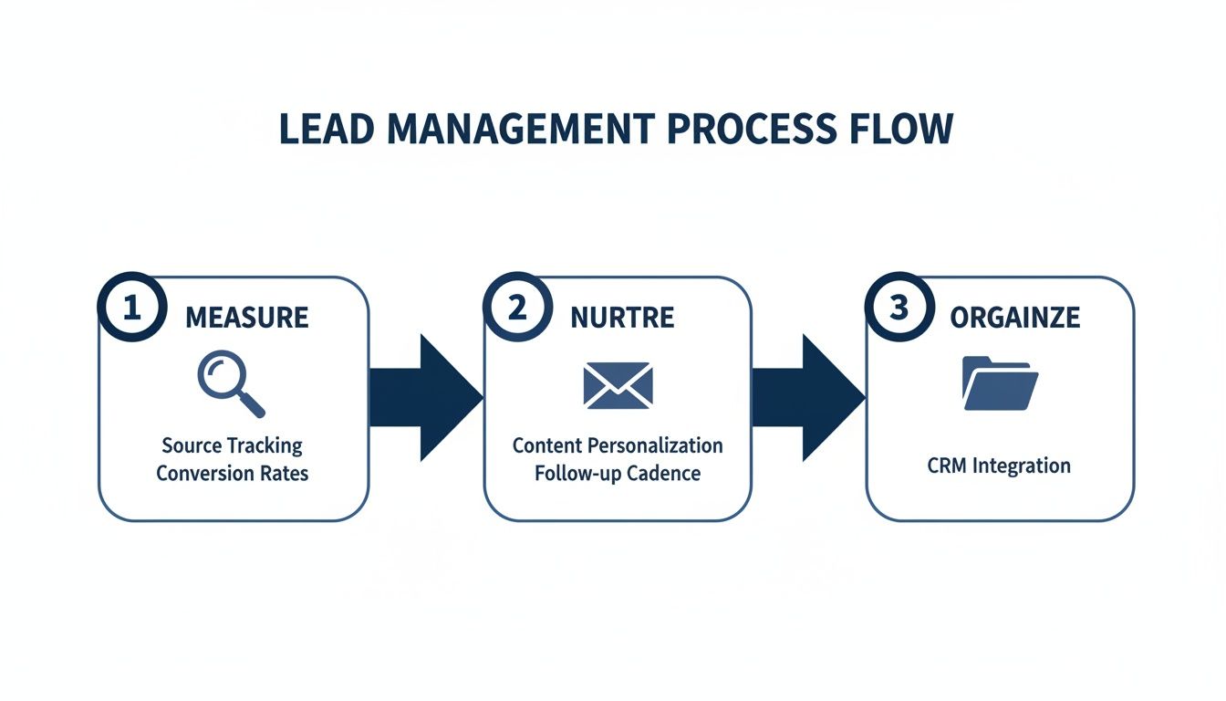 A lead management process flow diagram illustrating three key steps: measure, nurture, and organize for lead conversion.