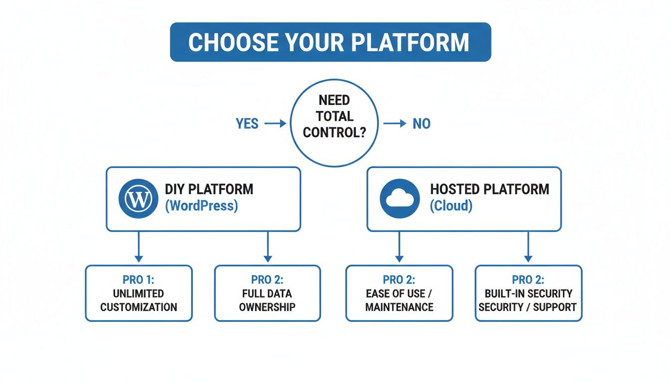 Flowchart guiding platform choice between DIY (WordPress) and Hosted (Cloud) based on control needs.