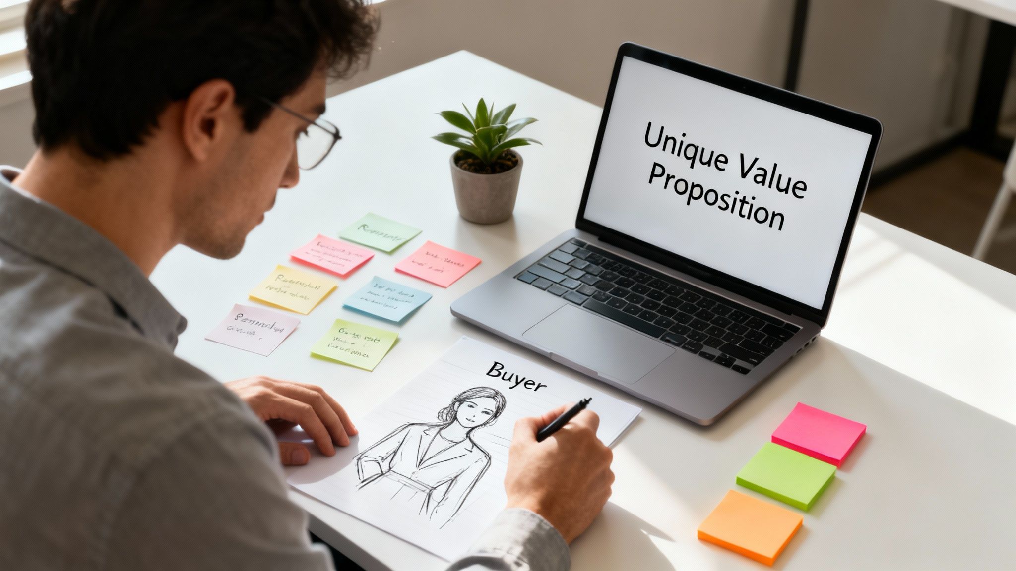 Man drawing a buyer persona and working on a laptop displaying a unique value proposition.