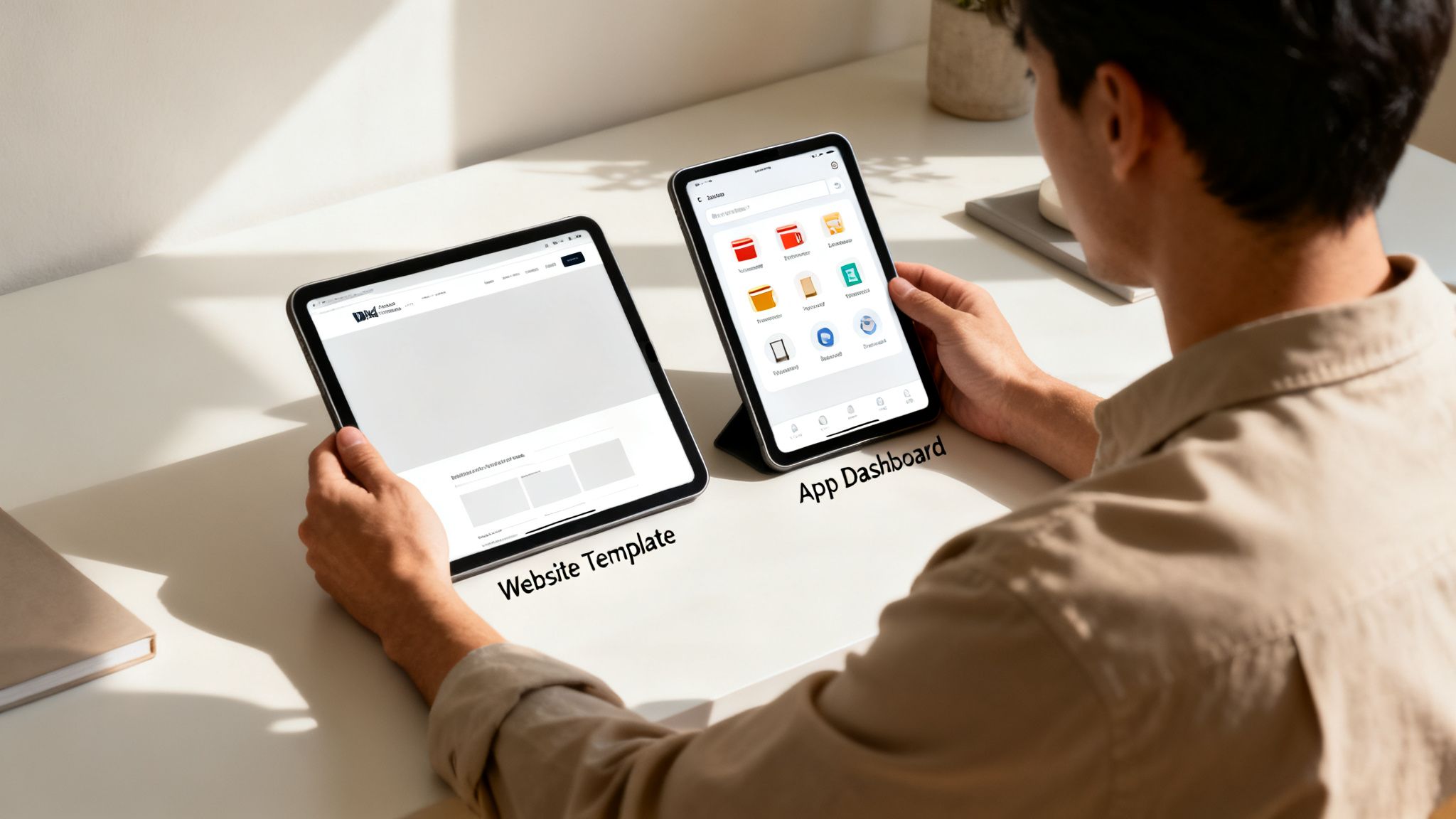 A person views an app dashboard on one tablet and a website template on another, showcasing digital tools.