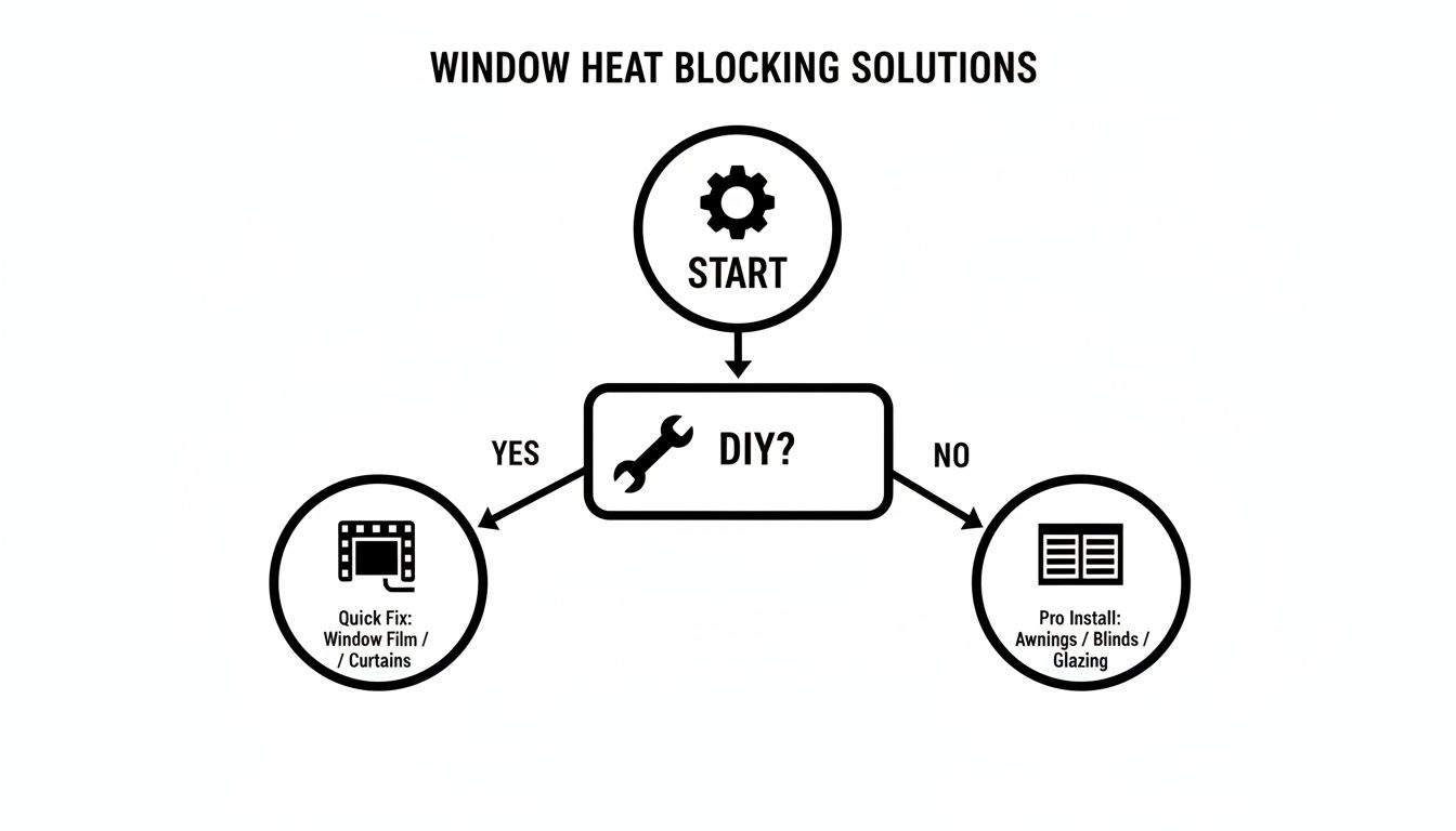 Flowchart illustrating window heat blocking solutions, categorizing options into DIY quick fixes and professional installations.