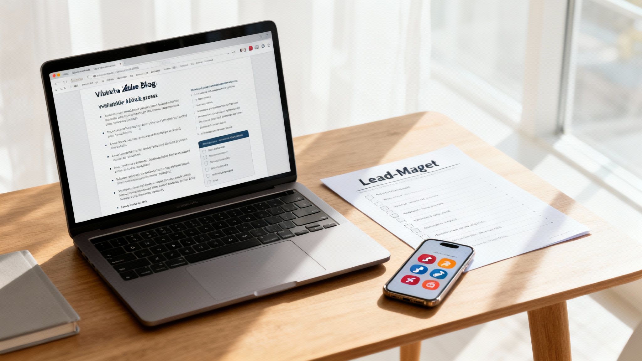 A modern workspace featuring a laptop showing a blog, a lead generation checklist, and a smartphone on a wooden desk.