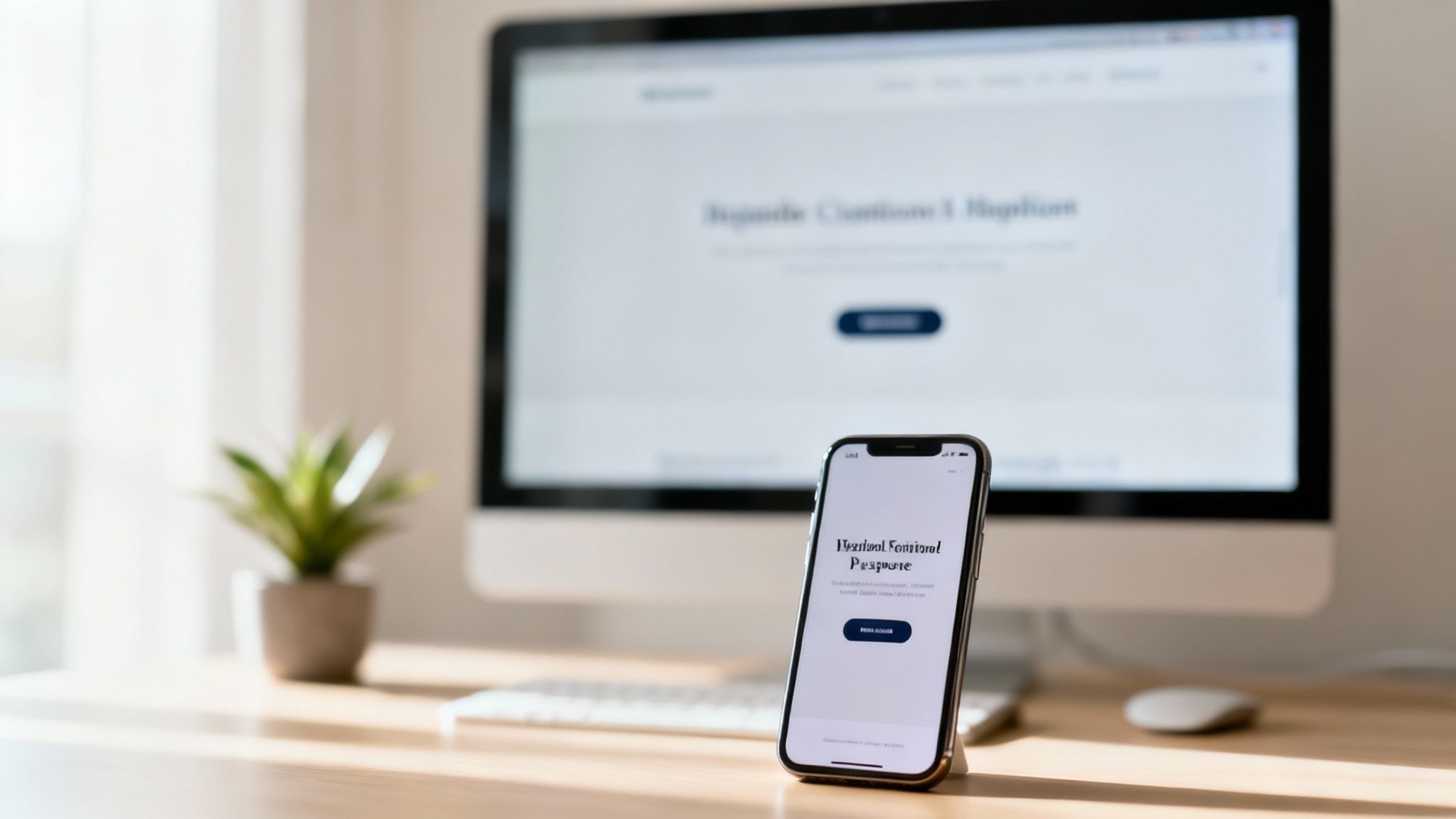 A modern workspace with a desktop computer and a smartphone displaying a website, featuring a potted plant.