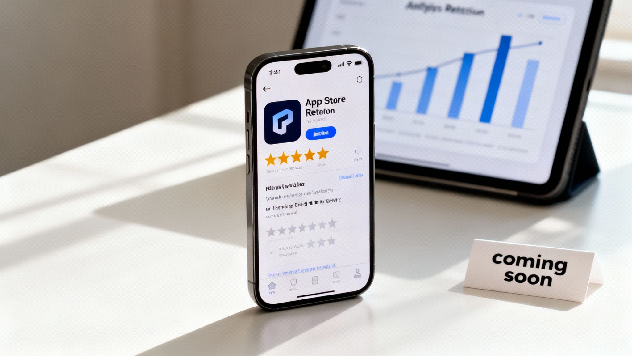 A smartphone displays an App Store page for a 'Retafon' app, beside a tablet showing retention analytics and a 'coming soon' sign.