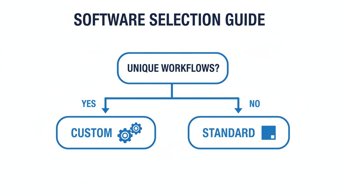 A flowchart titled 'Software Selection Guide' showing a decision path for unique workflows leading to custom or standard software.