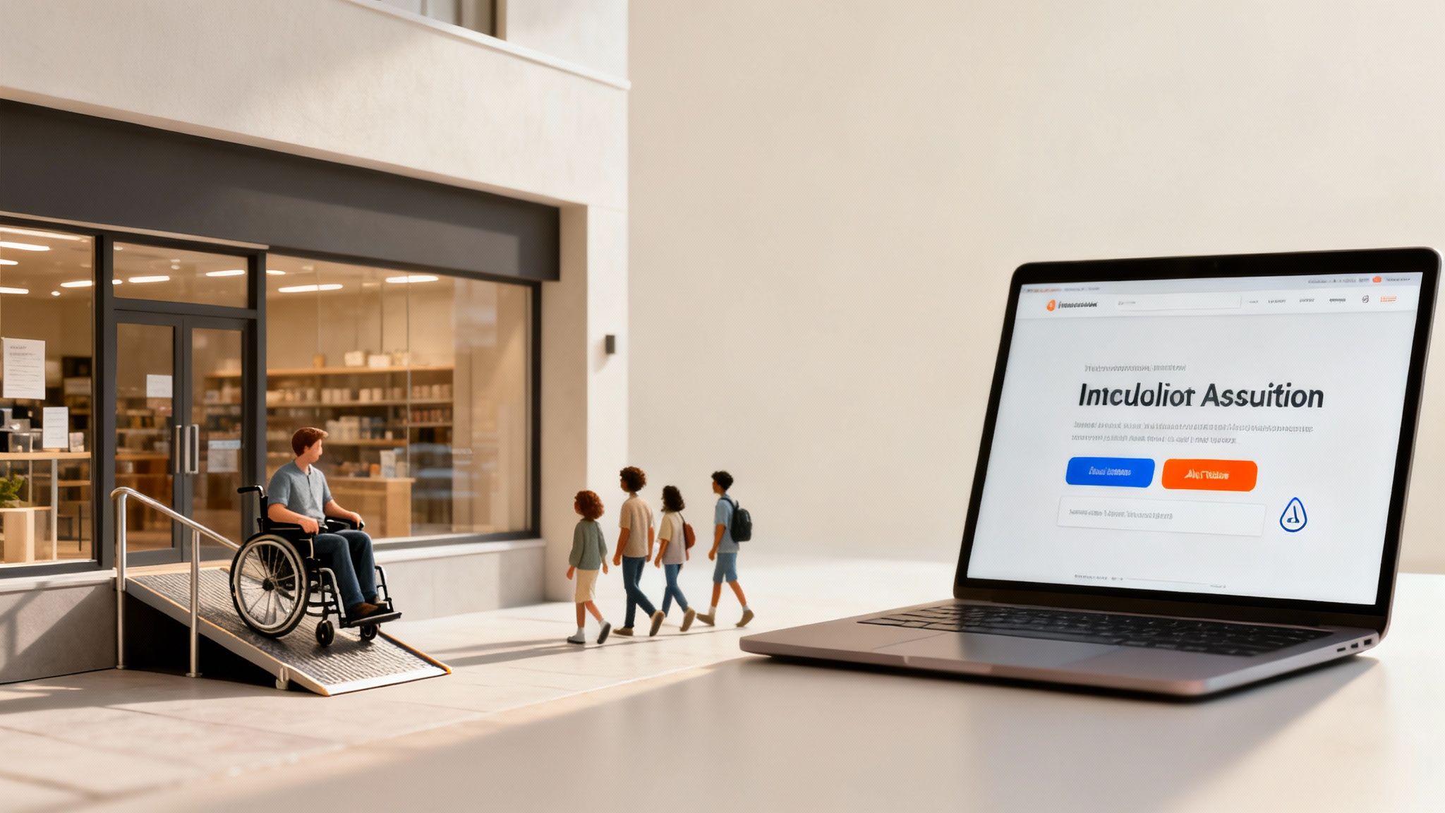 A miniature man in a wheelchair on a ramp outside a store, with a laptop displaying a website.