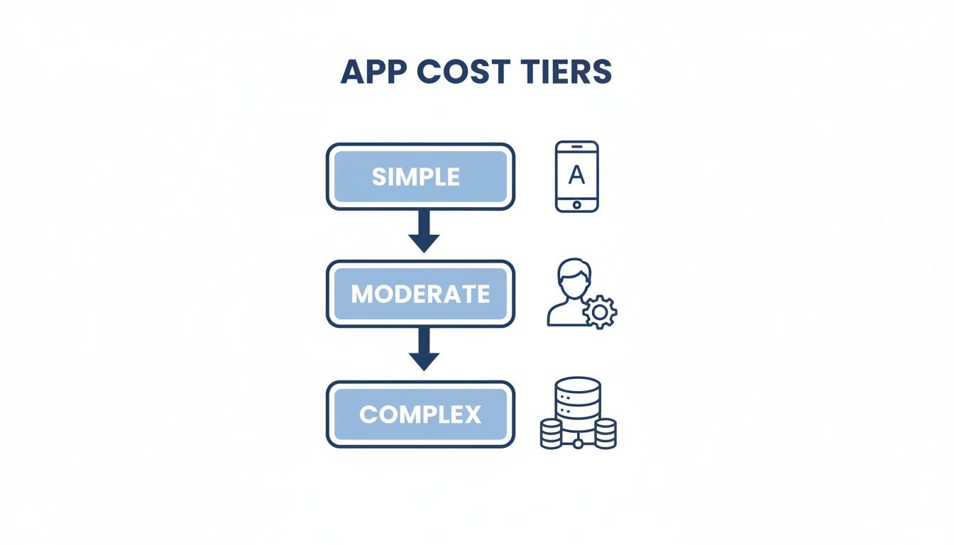Flowchart illustrating mobile app development cost tiers: Simple, Moderate, and Complex, with corresponding icons representing complexity.