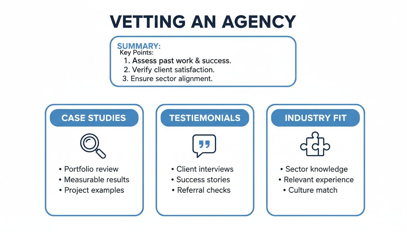 Infographic illustrating how to vet an agency, covering case studies, testimonials, and industry fit.
