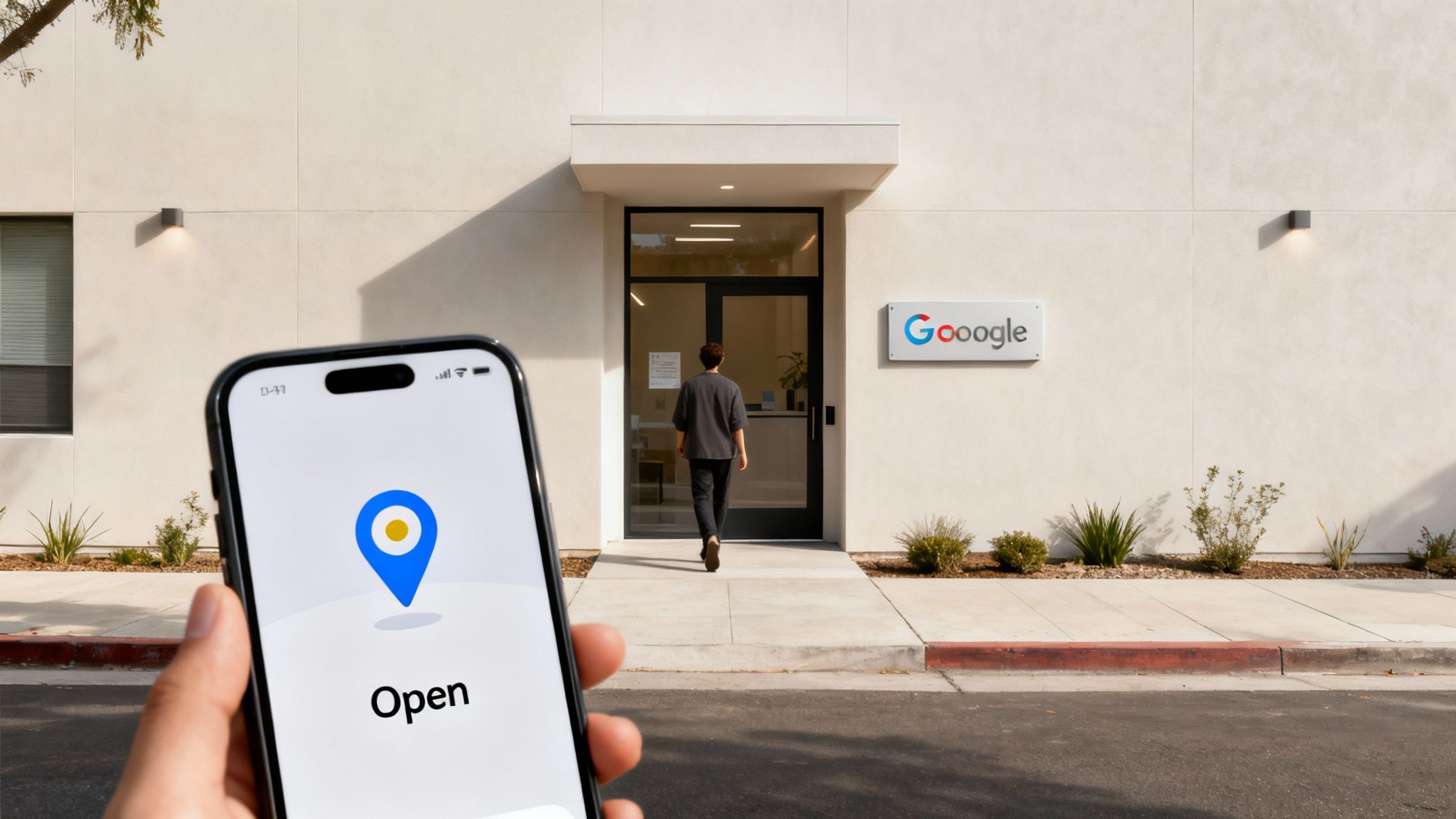 A hand holds a smartphone displaying a location pin and 'Open' text, as a person enters a modern office building.