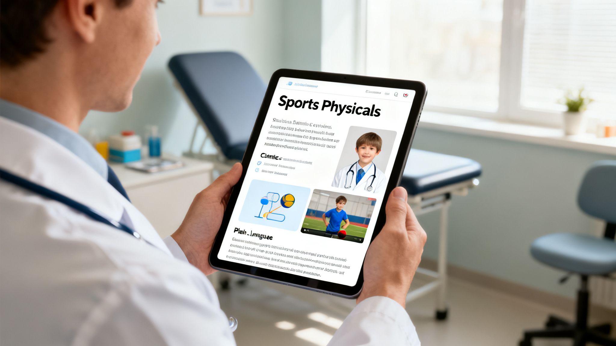Doctor holding a tablet displaying 'Sports Physicals' content in a modern clinic examination room.