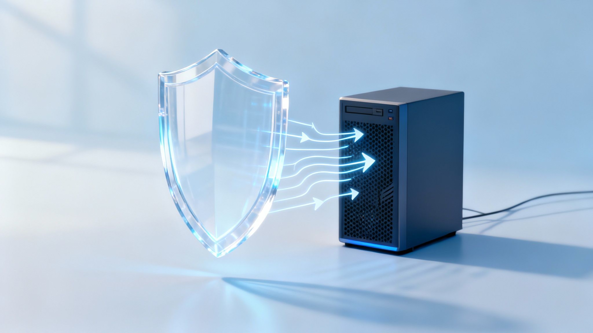 A glowing transparent shield protects a dark server tower with blue arrows indicating data flow and security.