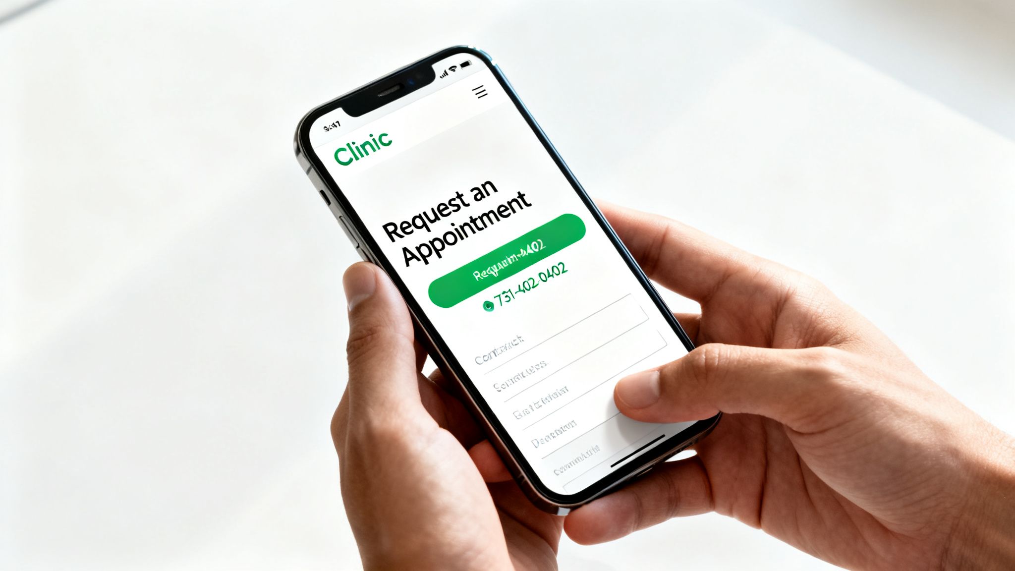 A person holds an iPhone displaying a healthcare app for requesting appointments and contacting the clinic.