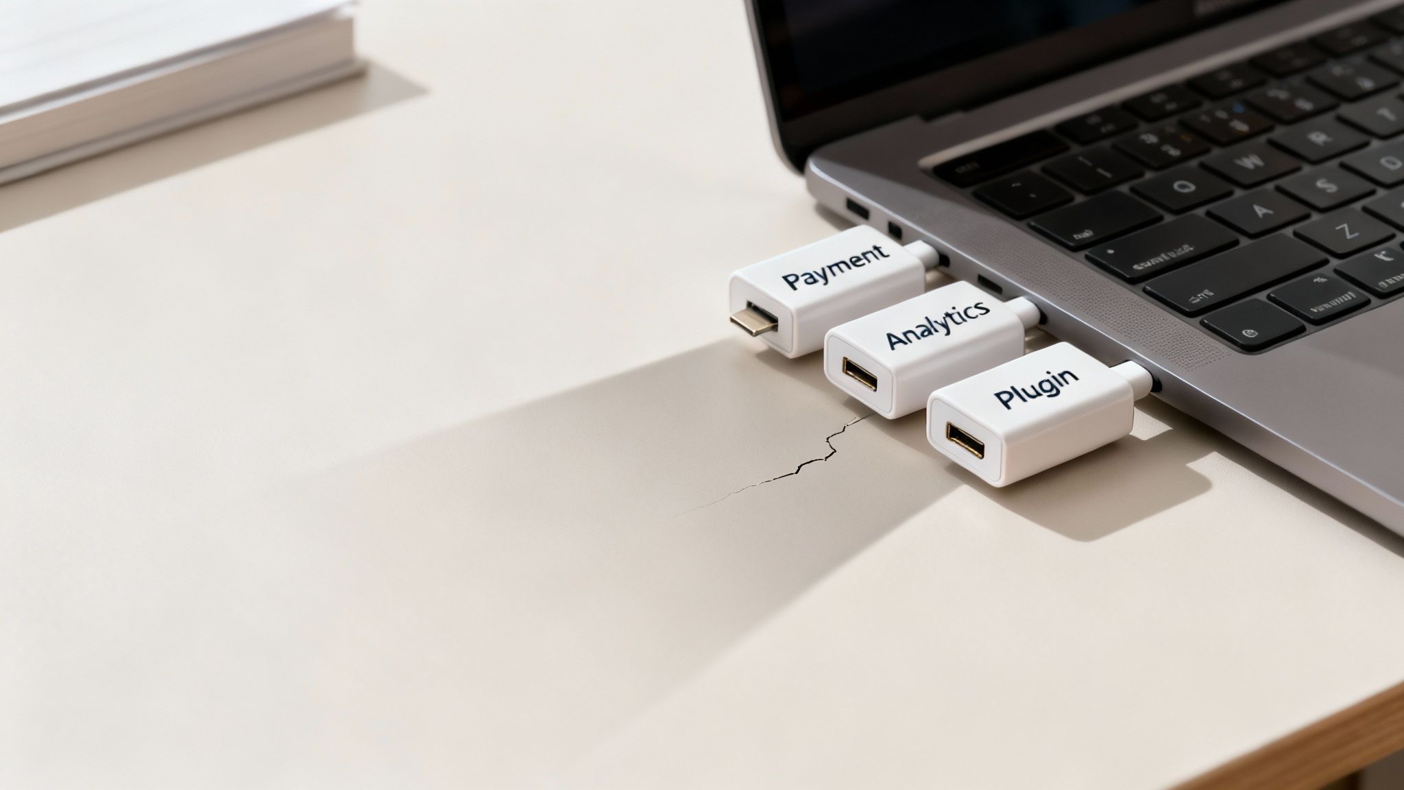 Three white USB-like devices labeled Payment, Analytics, Plugin plugged into a laptop.