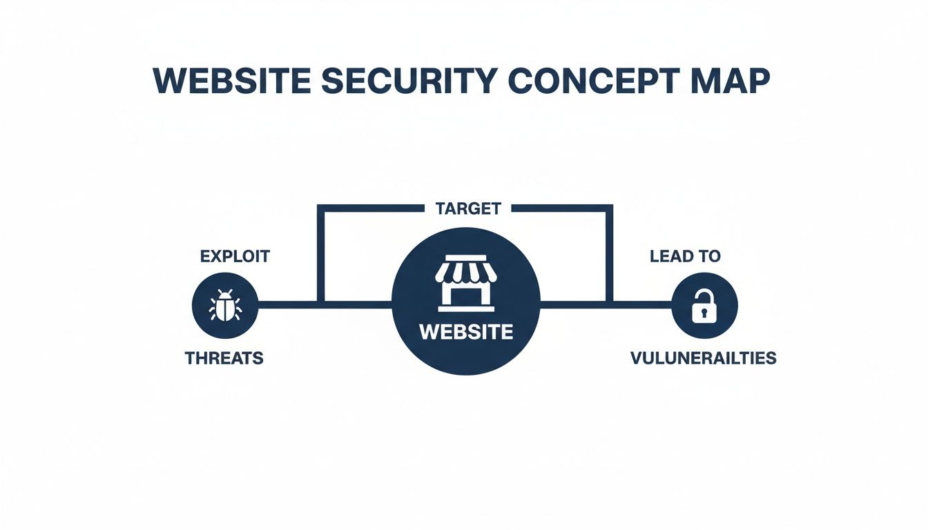 A website security concept map showing how threats exploit a website, leading to vulnerabilities.
