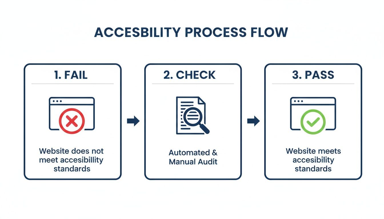 Accessibility process flow diagram showing steps: 1. Fail, 2. Check (audit), 3. Pass.