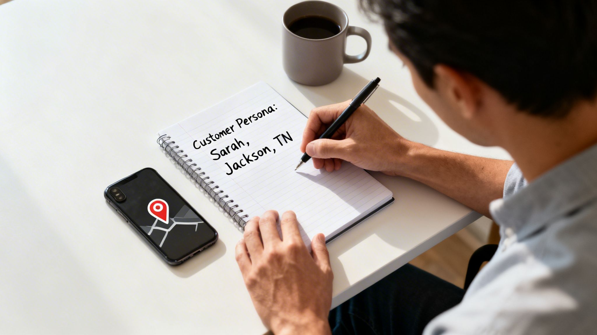 Overhead view of a person writing customer persona details (Sarah, Jackson, TN) in a notebook, with a phone showing a location pin nearby.