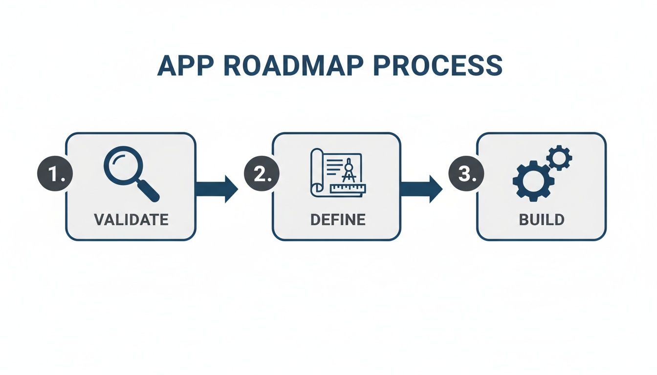 Diagram outlining the sequential app roadmap process, including validation, definition, and building phases.
