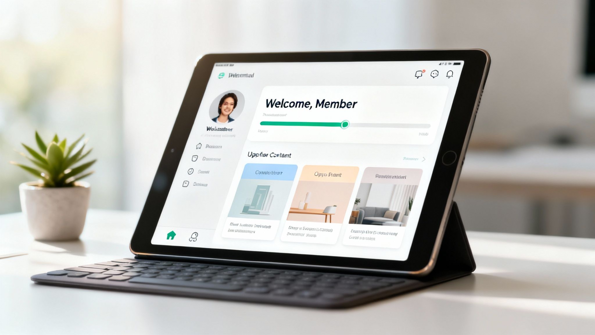 A tablet displaying a membership website dashboard with welcome message and content previews.