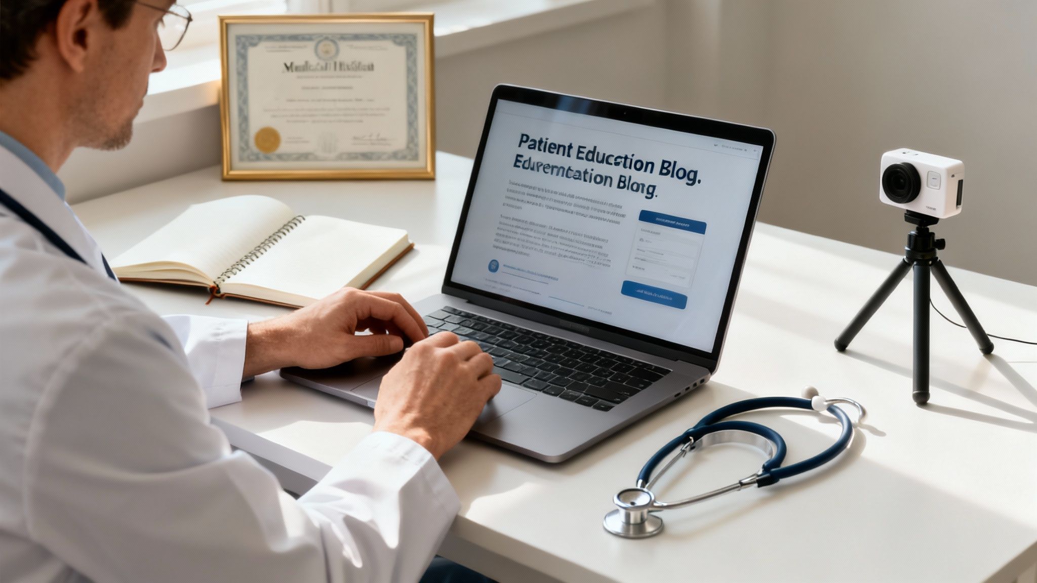 A doctor types on a laptop displaying a 'Patient Education Blog', with a stethoscope and camera on the desk.
