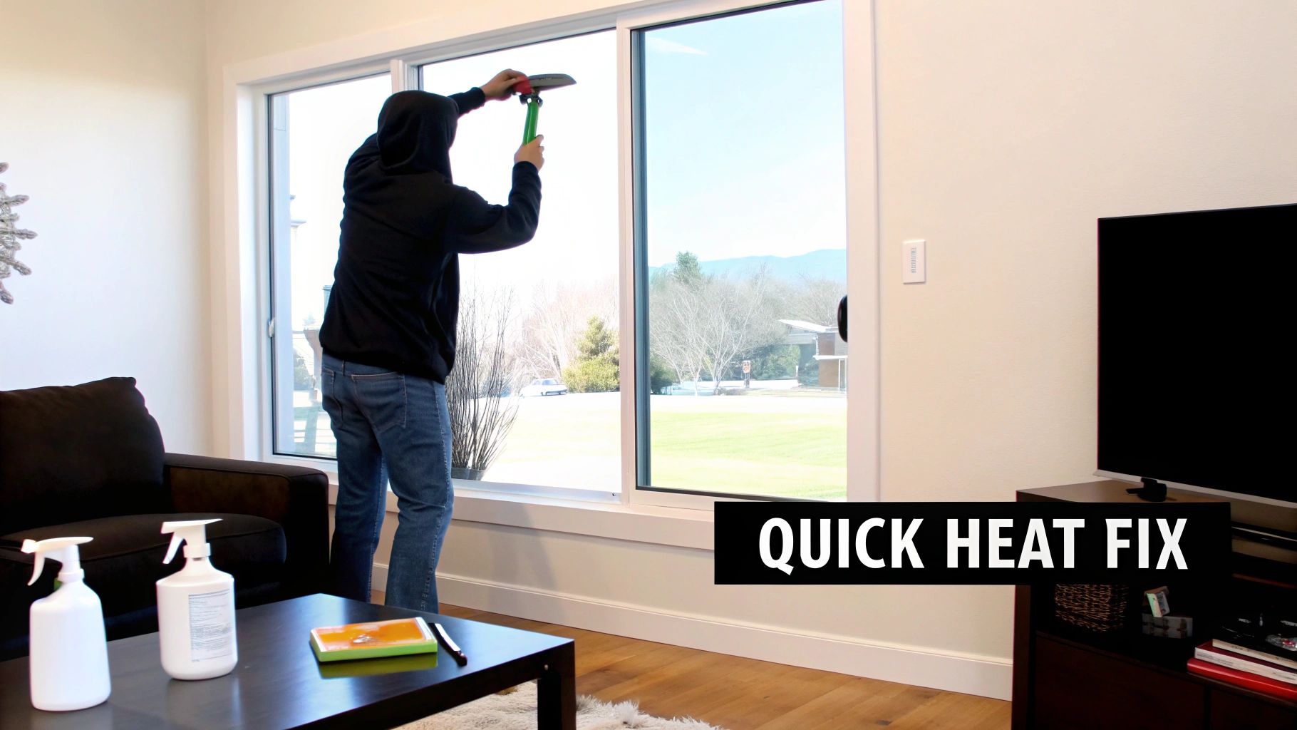 A person applies heat-blocking film to a large living room window, with cleaning supplies on a table.
