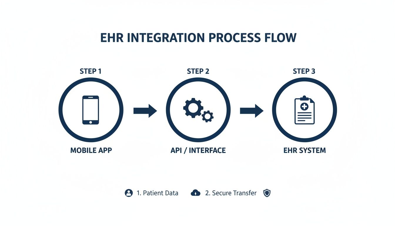 Flowchart illustrating EHR integration process from mobile app to EHR system via API with patient data transfer.