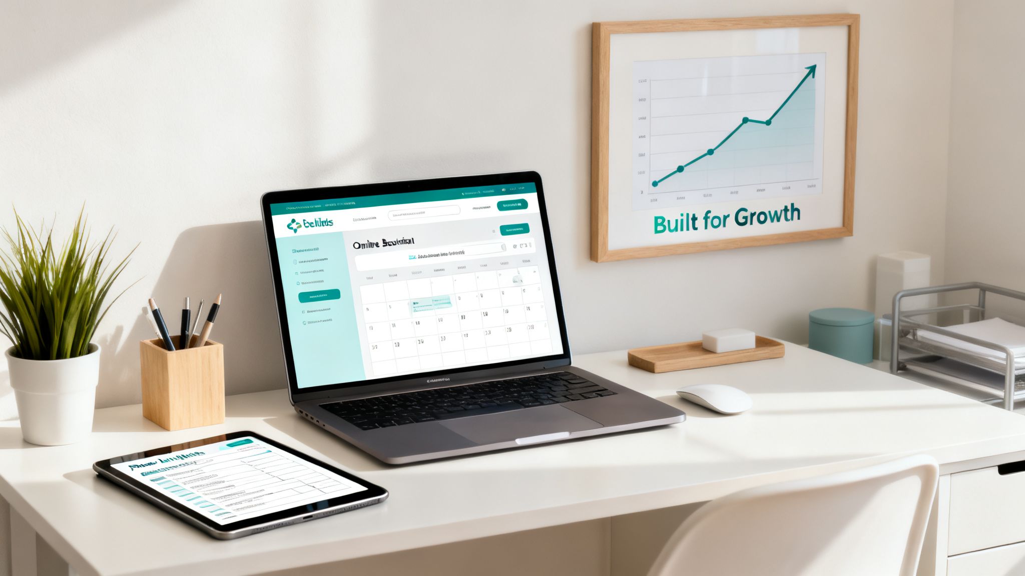 A clean, modern office desk featuring a laptop, tablet, plant, and a 'Built for Growth' chart.